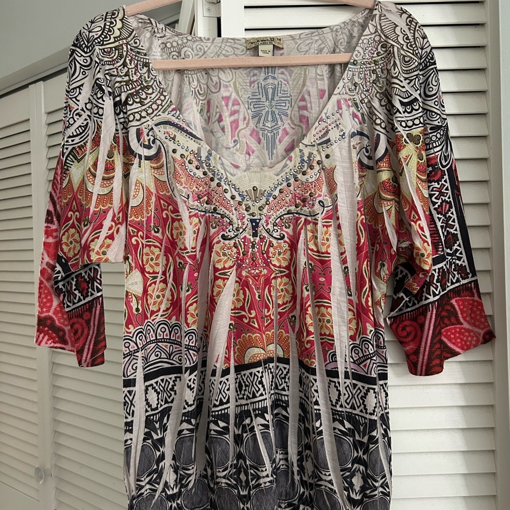 ONE WORLD Red and Black Patterned Blouse